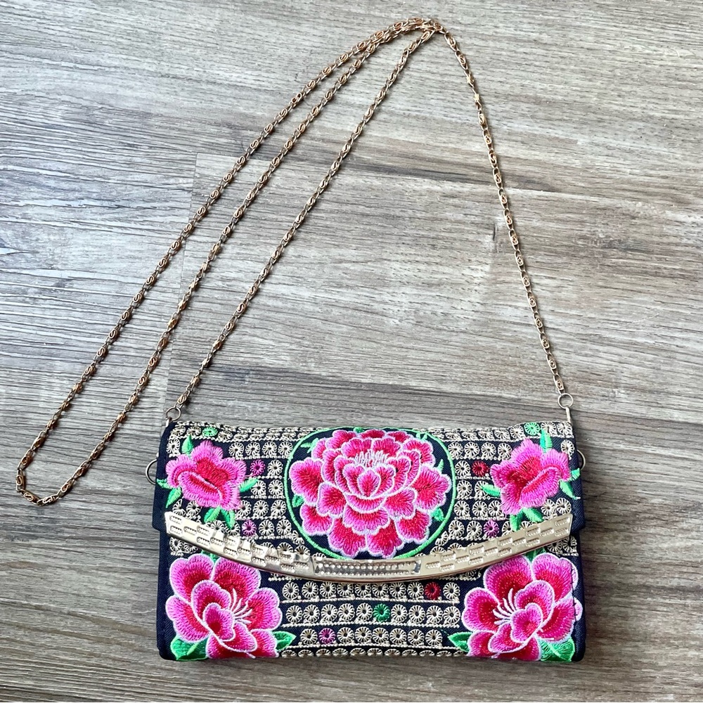 Floral Multicolor Embroidered Crossbody Clutch